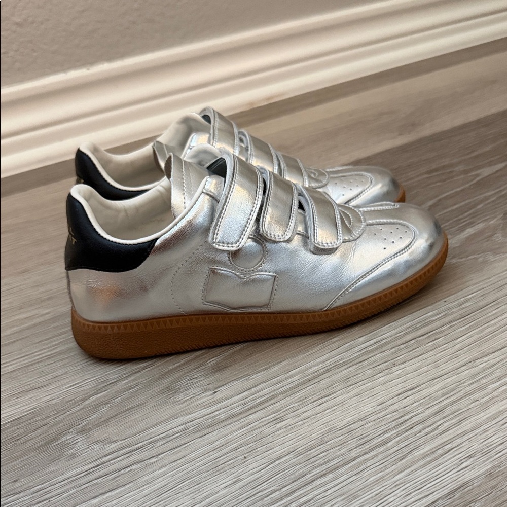 Isabel Marant Metallic Silver & Black Velcro Sneakers with Gum Sole